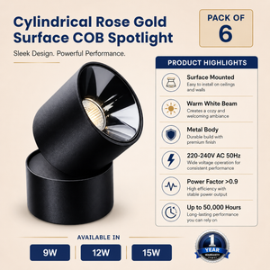 VK LED Cylindrical Rose Gold Surface COB Spotlight | 9W, 12W & 15W | White & Warm White
