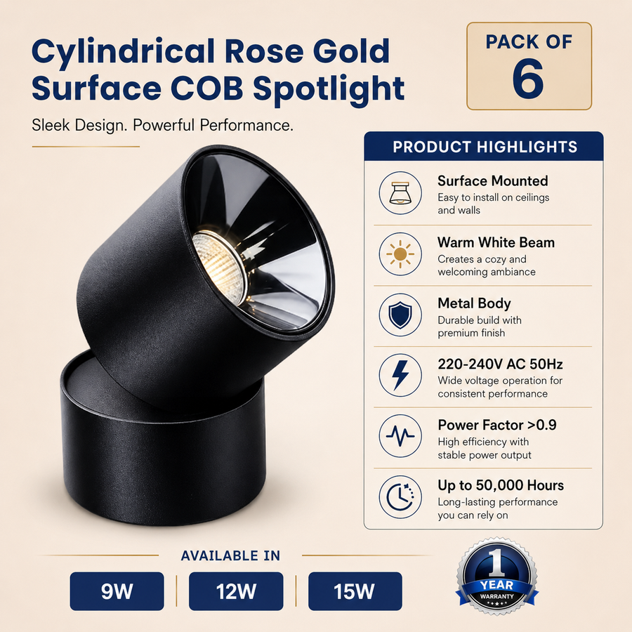 VK LED Cylindrical Rose Gold Surface COB Spotlight | 9W, 12W & 15W | White & Warm White