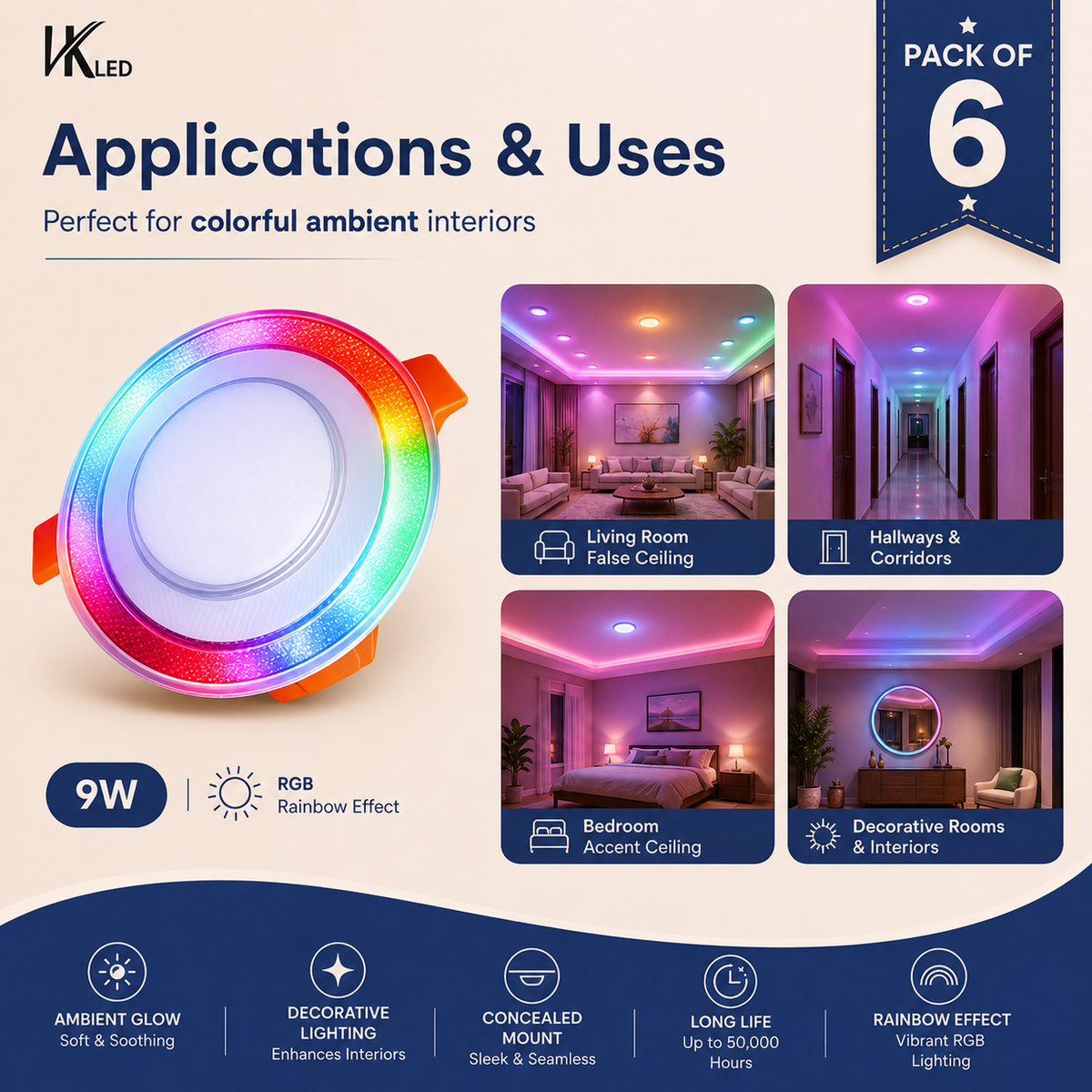 VK LED 9W Crystal Concealed RGB Ceiling Light | White with Rainbow Multicolour | Pack of 6