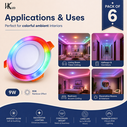 VK LED 9W Crystal Concealed RGB Ceiling Light | White with Rainbow Multicolour | Pack of 6