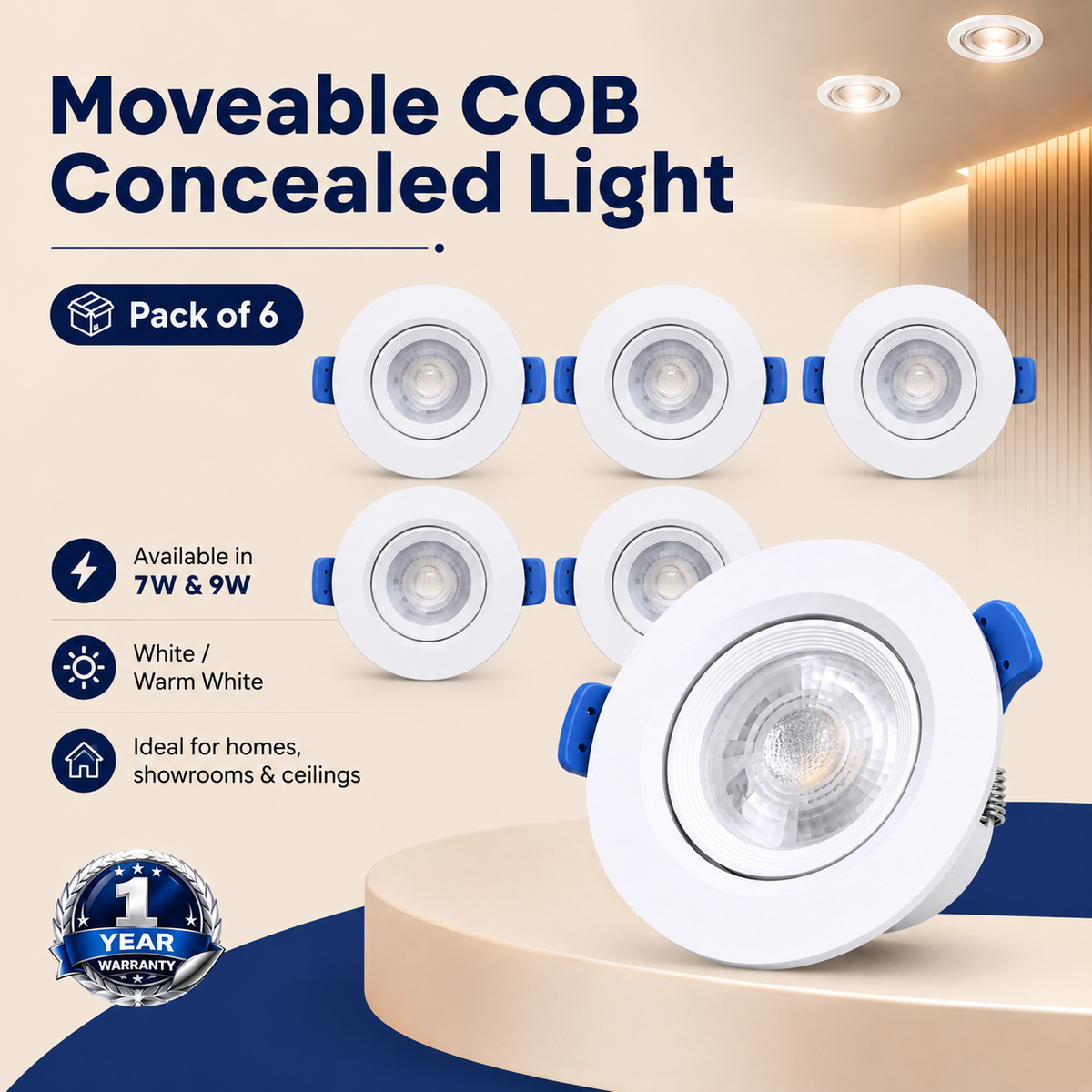 VK LED Moveable COB Concealed Light | 7W & 9W | White & Warm White | Pack of 6