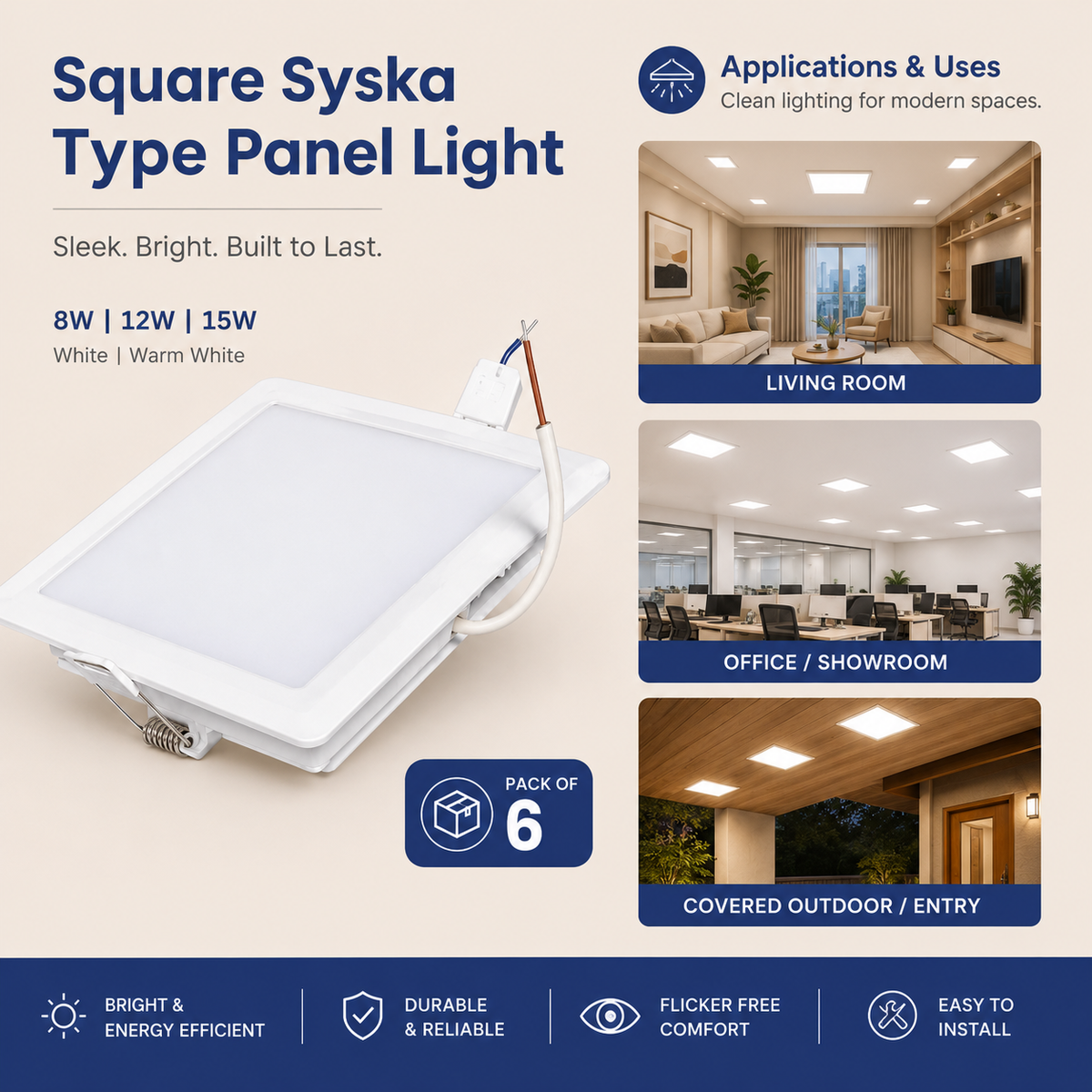 VK LED Square Syska Type Panel Light | 8W, 12W, 15W & 18W | White & Warm White