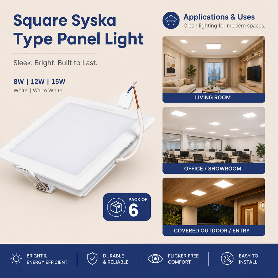 VK LED Square Syska Type Panel Light | 8W, 12W, 15W & 18W | White & Warm White