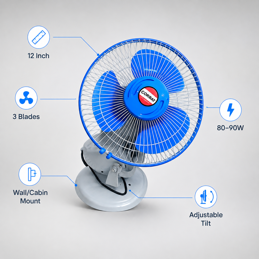 12 Inch Cabin Fan | 3 Plastic Blades | 80-90W | Wall Mount Fan | Adjustable Tilt | MOQ 2