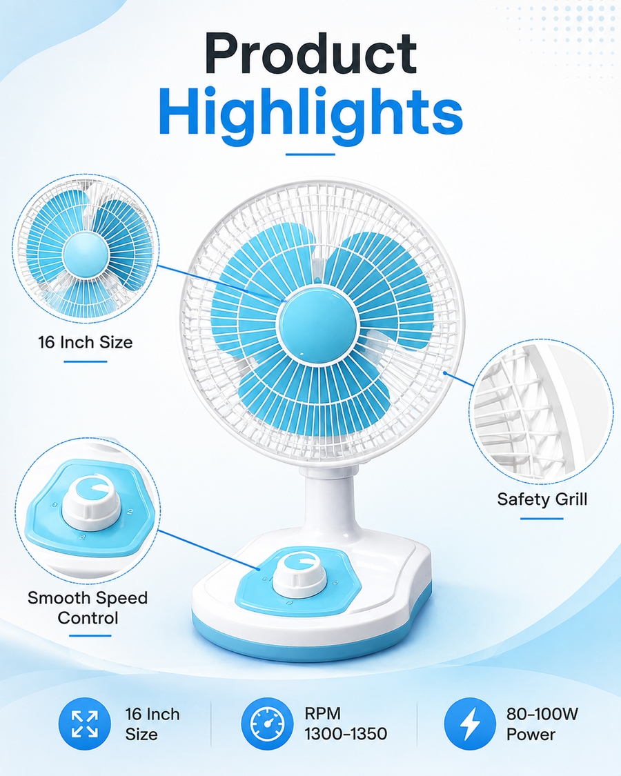 16 Inch Wall Cum Table Fan | 3 Plastic Blades | 80-100W | 1300-1350 RPM | Pack of 2