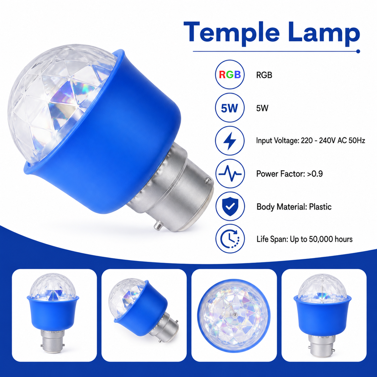 VK LED 5W Temple Lamp | RGB Multicolour Decorative Bulb | B22 Base | Pack of 10
