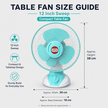 12 Inch Table Fan | 3 Plastic Blades | 70-90W | 1400-1500 RPM | Pack of 2