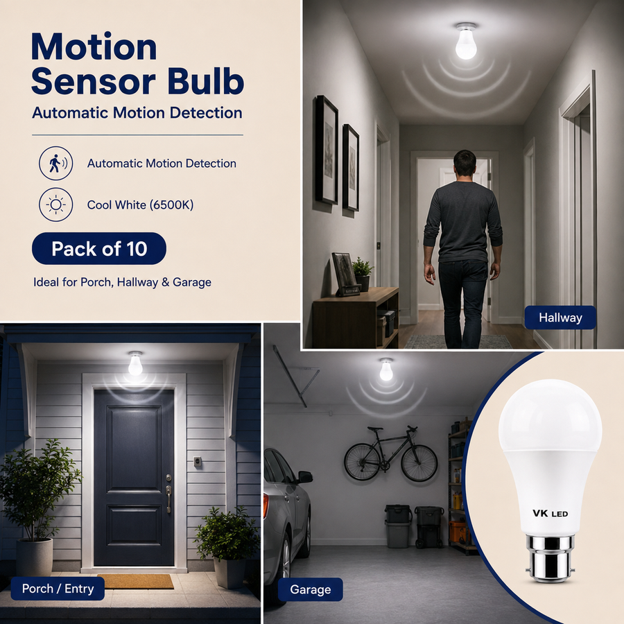 VK LED 12W Motion Sensor Bulb | Cool White 6500K | B22 Sensor LED Bulb | Pack of 6
