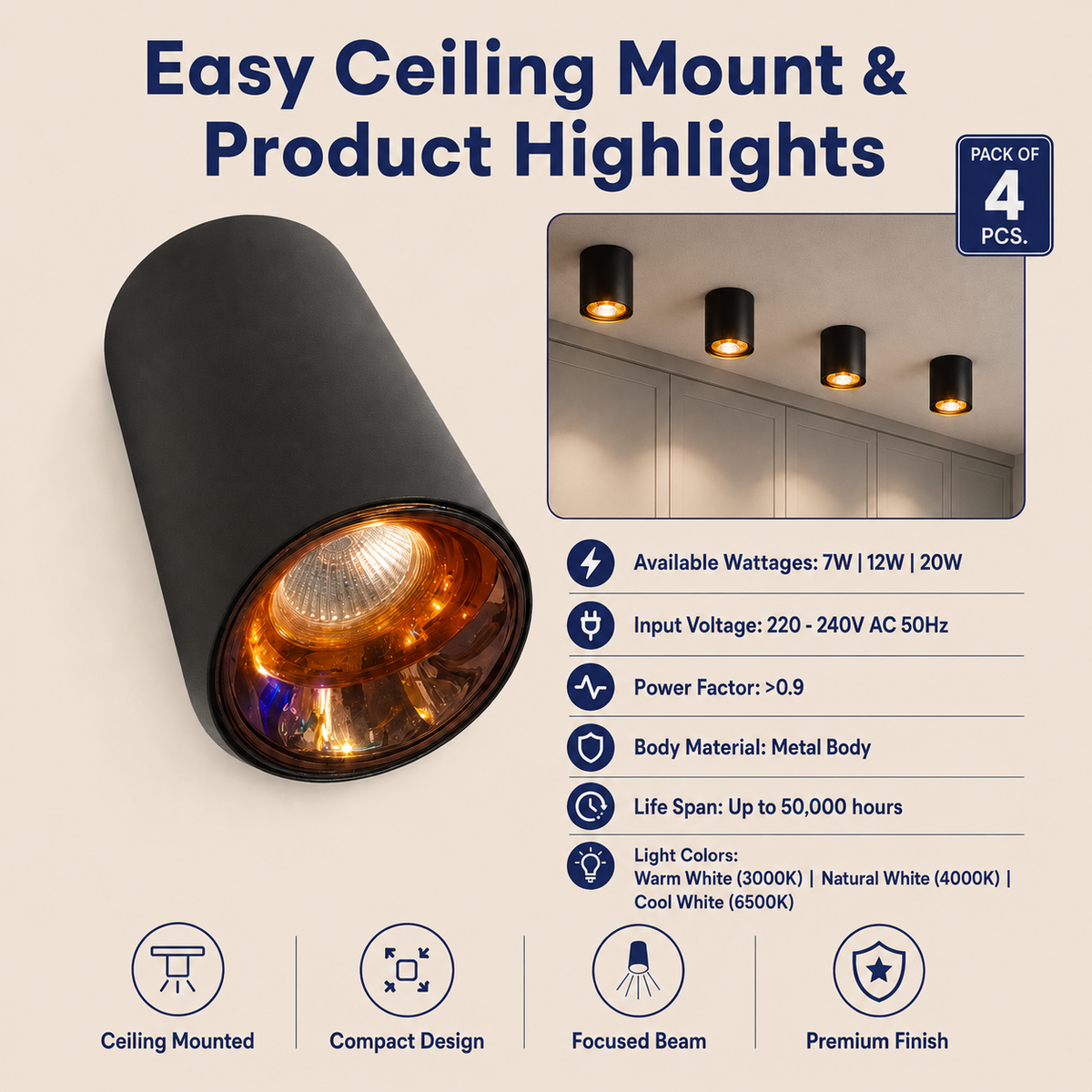 VK LED Surface Mounted Cylinder Light | 7W & 12W | Ceiling Spotlight | Warm White 3000K