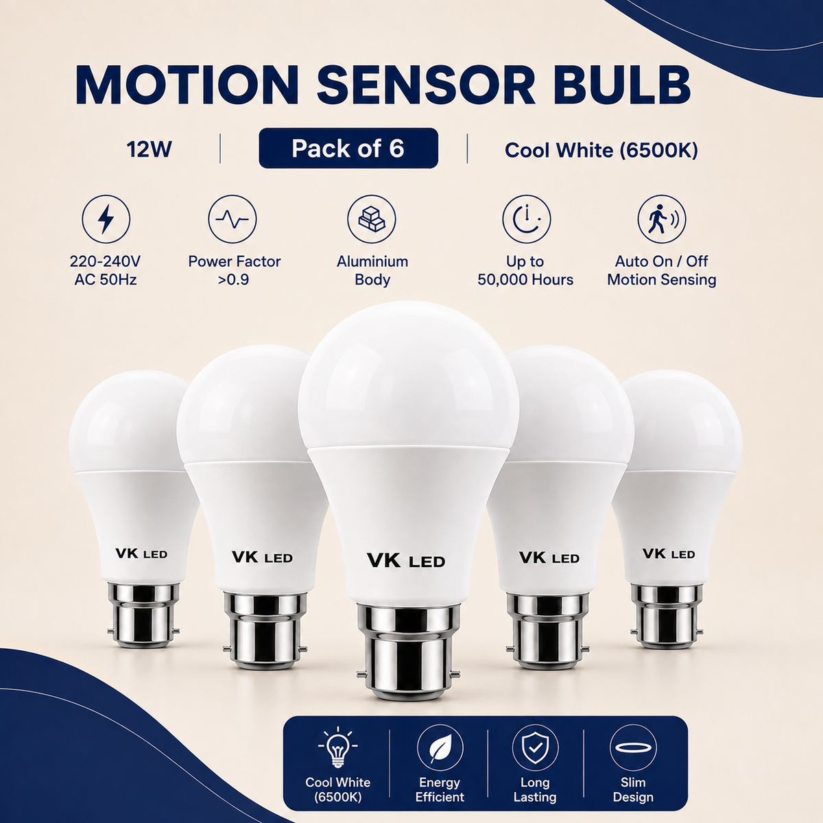 VK LED 12W Motion Sensor Bulb | Cool White 6500K | B22 Sensor LED Bulb | Pack of 6