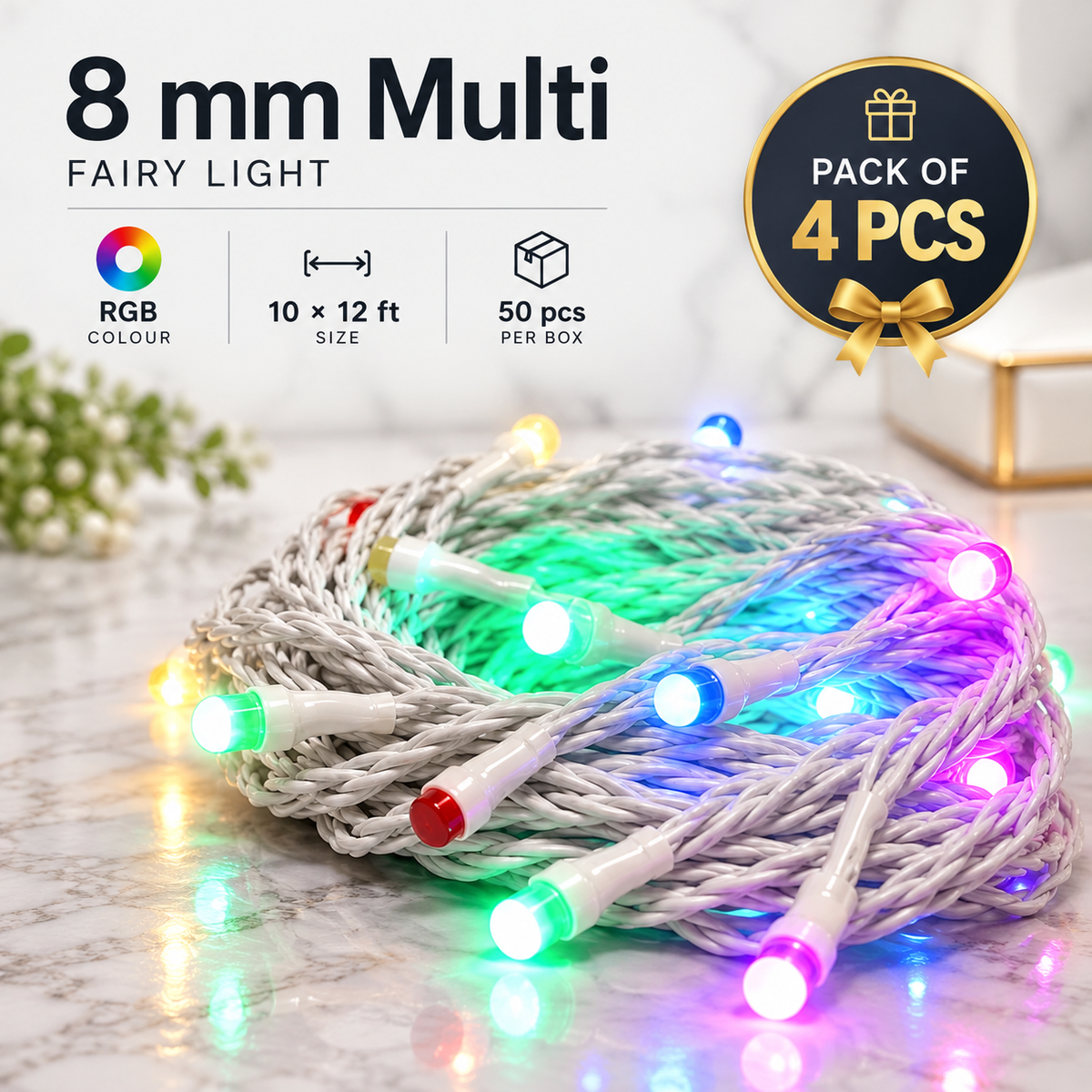 VK LED 8 mm Multi Fairy Light | RGB Multicolour | 10 × 12 ft | Pack of 4 PCS