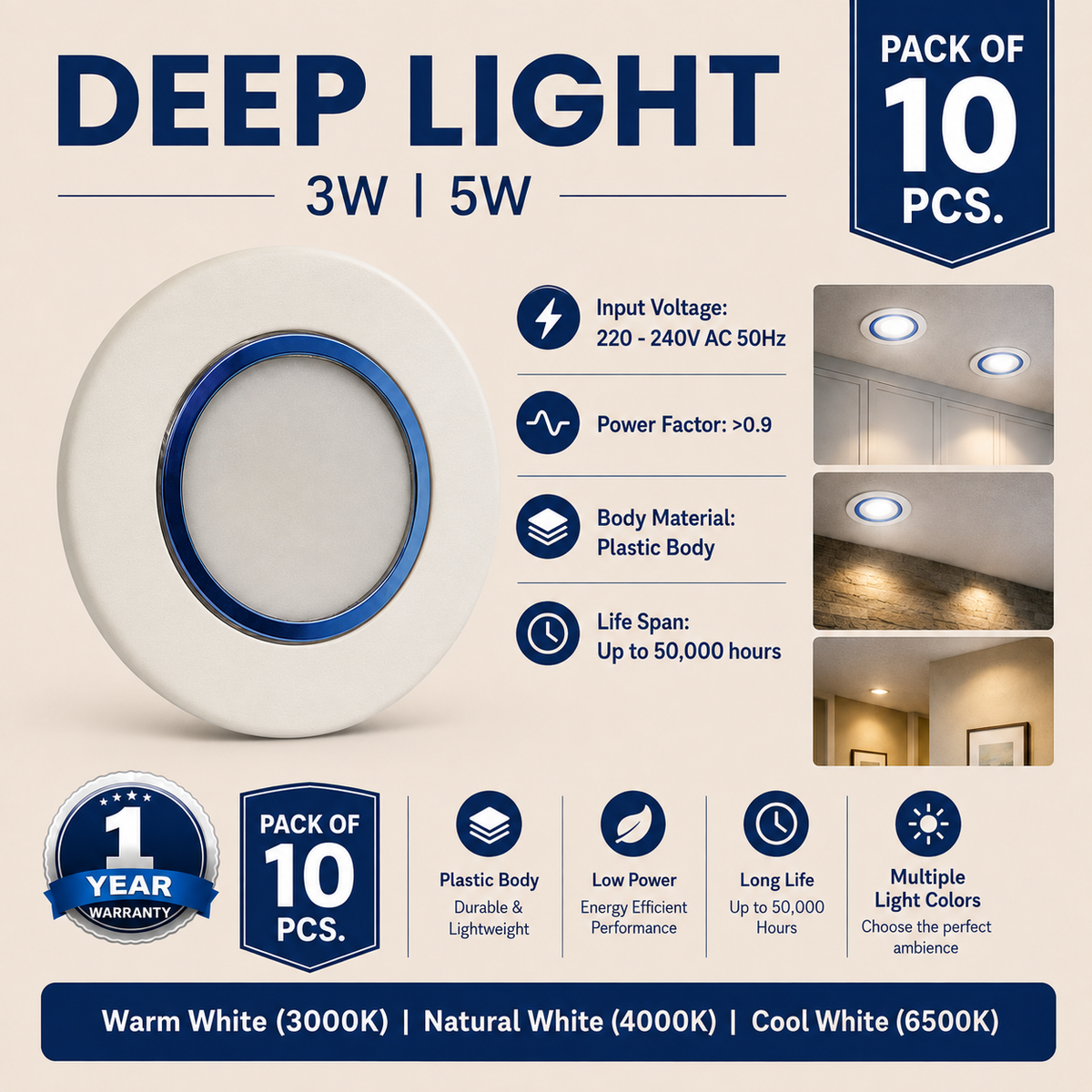 VK LED Deep Light | 3W & 5W | Pack of 10 PCS | Multiple Colour Options | 1 Year Warranty