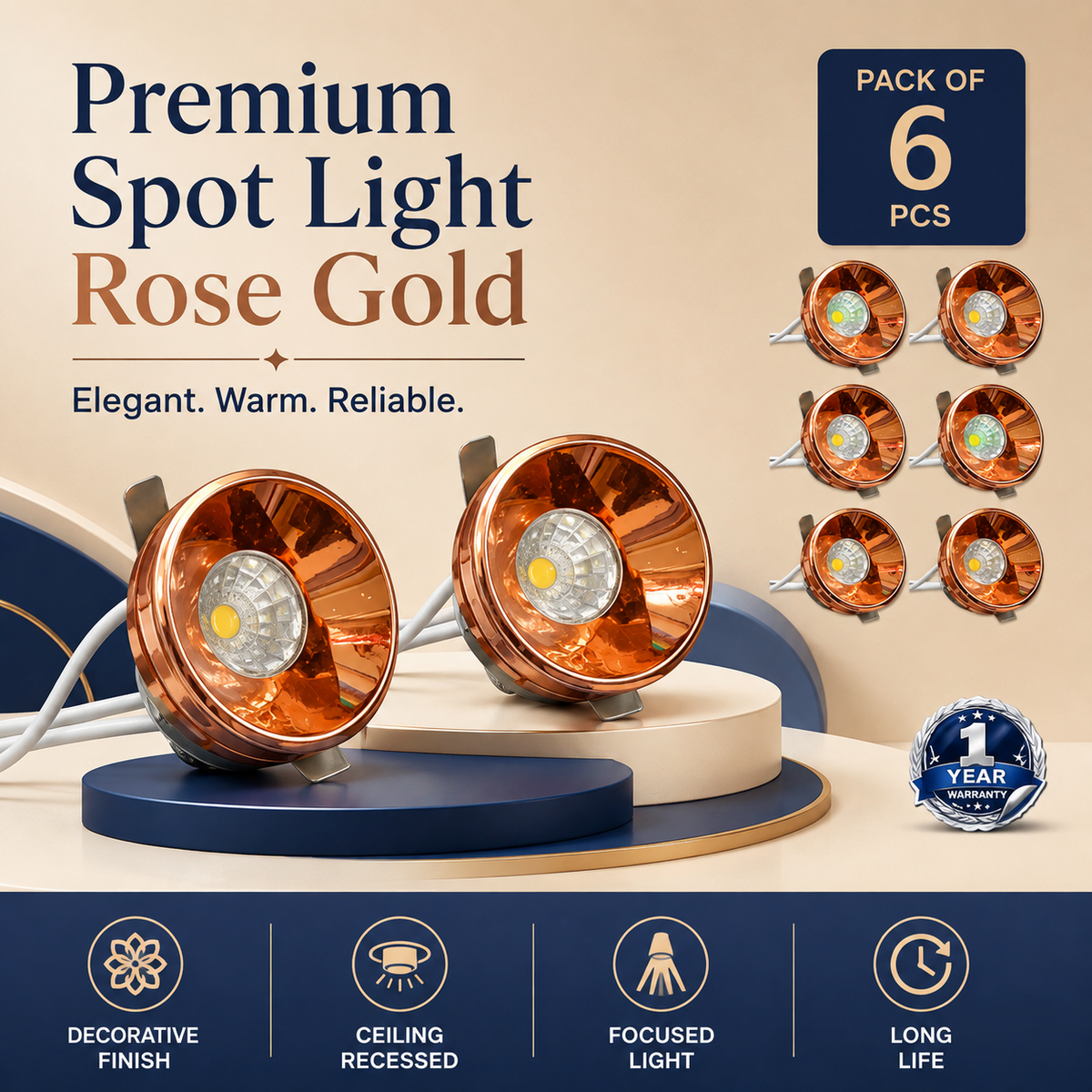 VK LED Rose Gold Spot Light (Makkhe) | 1W, 3W | White & Warm White | Pack of 6