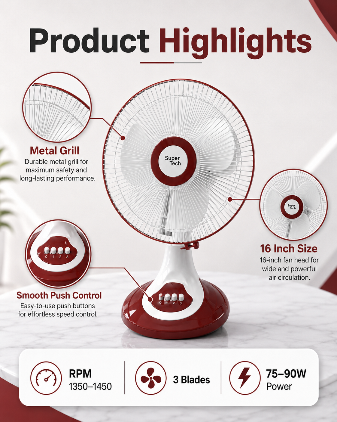 Title: 16 Inch Table Fan | 3 Blades | 75-90W | 1350-1450 RPM | Pack of 2