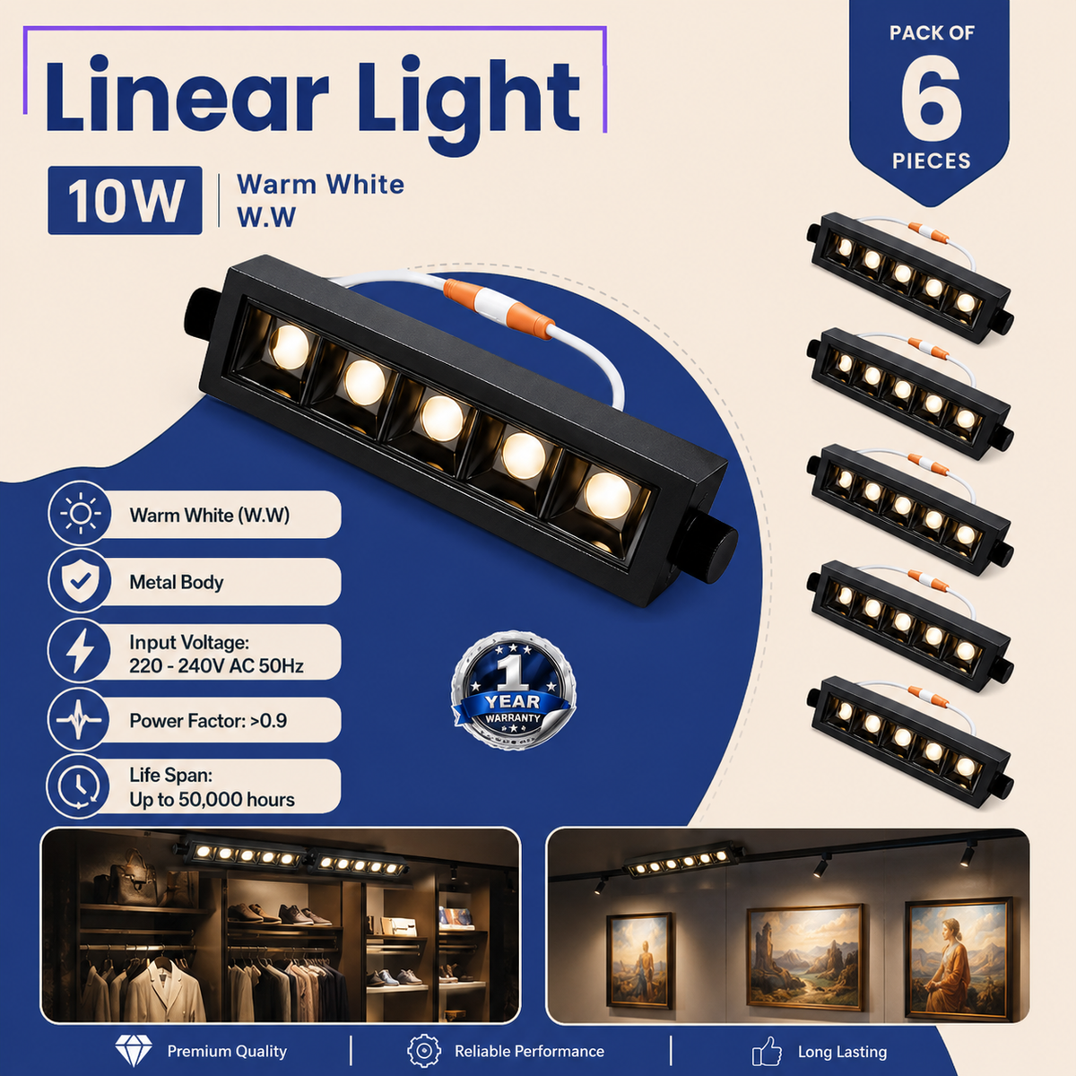 VK LED Linear Light | 10W Warm White | Black Metal Body | Pack of 6