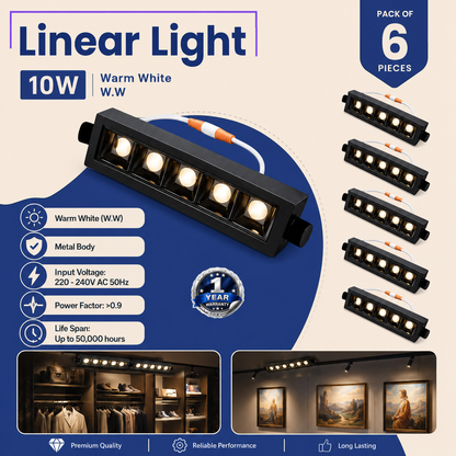 VK LED Linear Light | 10W Warm White | Black Metal Body | Pack of 6