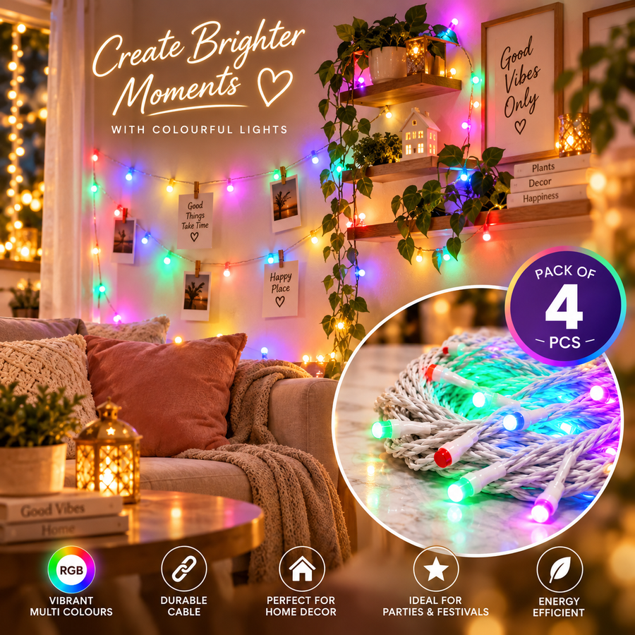 VK LED 8 mm Multi Fairy Light | RGB Multicolour | 10 × 12 ft | Pack of 4 PCS