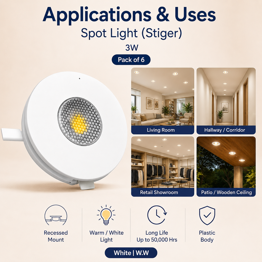 VK LED 3W Spot Light (Stiger) | White & Warm White | Recessed Ceiling Light | Pack of 6