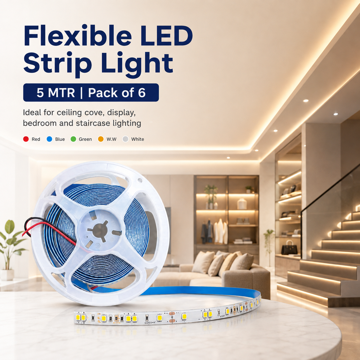 VK LED Strip Light 5 Meter | Red, Blue, Green, Warm White & White | Copper Wire | Pack of 6