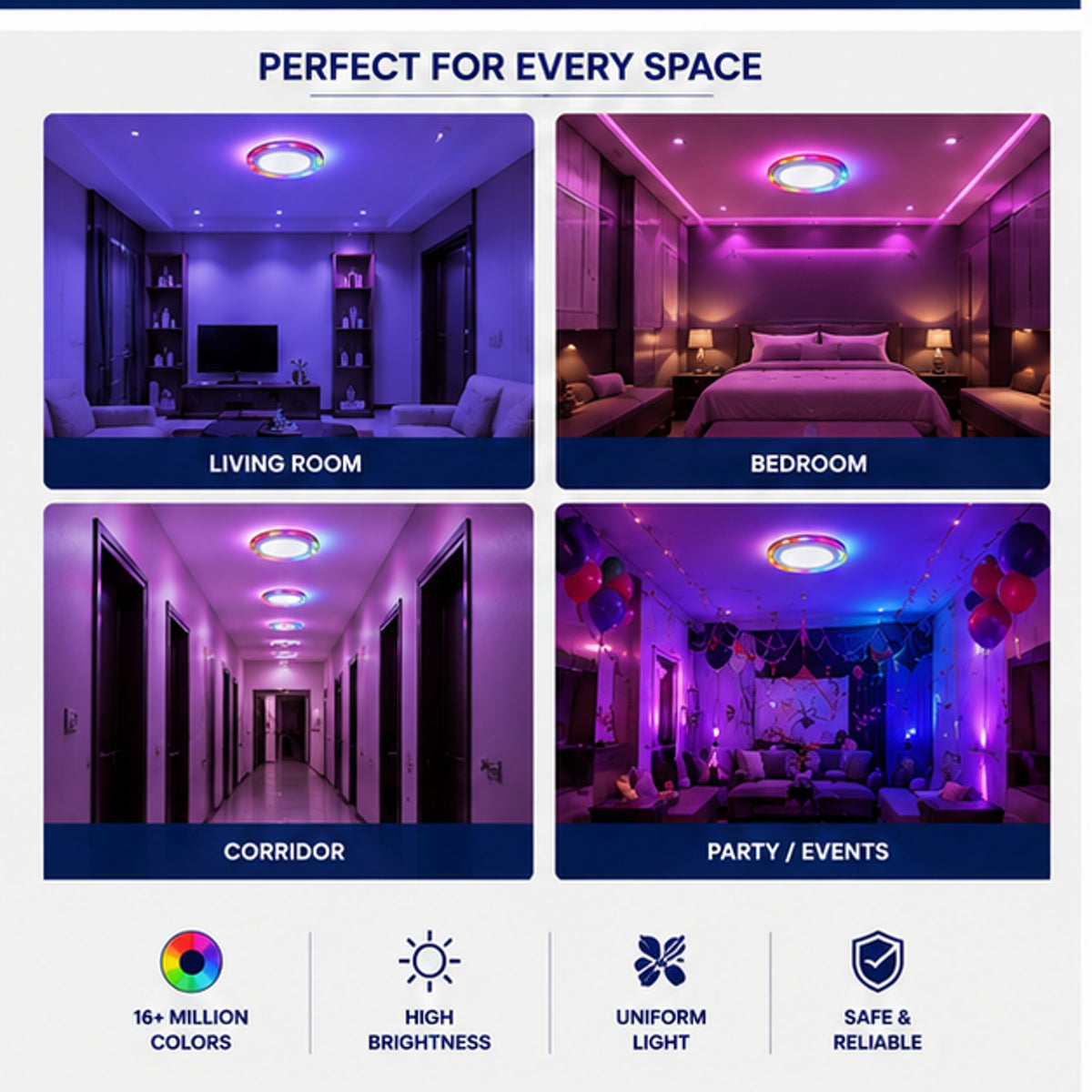 VK LED 9W Crystal Concealed RGB Ceiling Light | White with Rainbow Multicolour | Pack of 6
