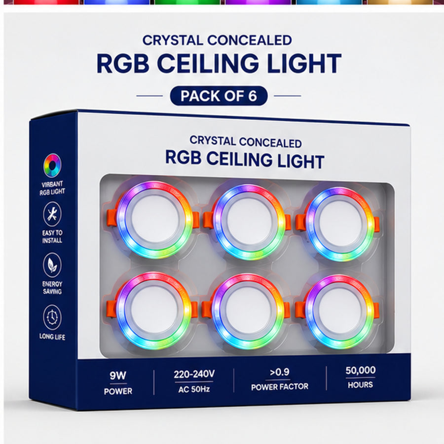 VK LED 9W Crystal Concealed RGB Ceiling Light | White with Rainbow Multicolour | Pack of 6